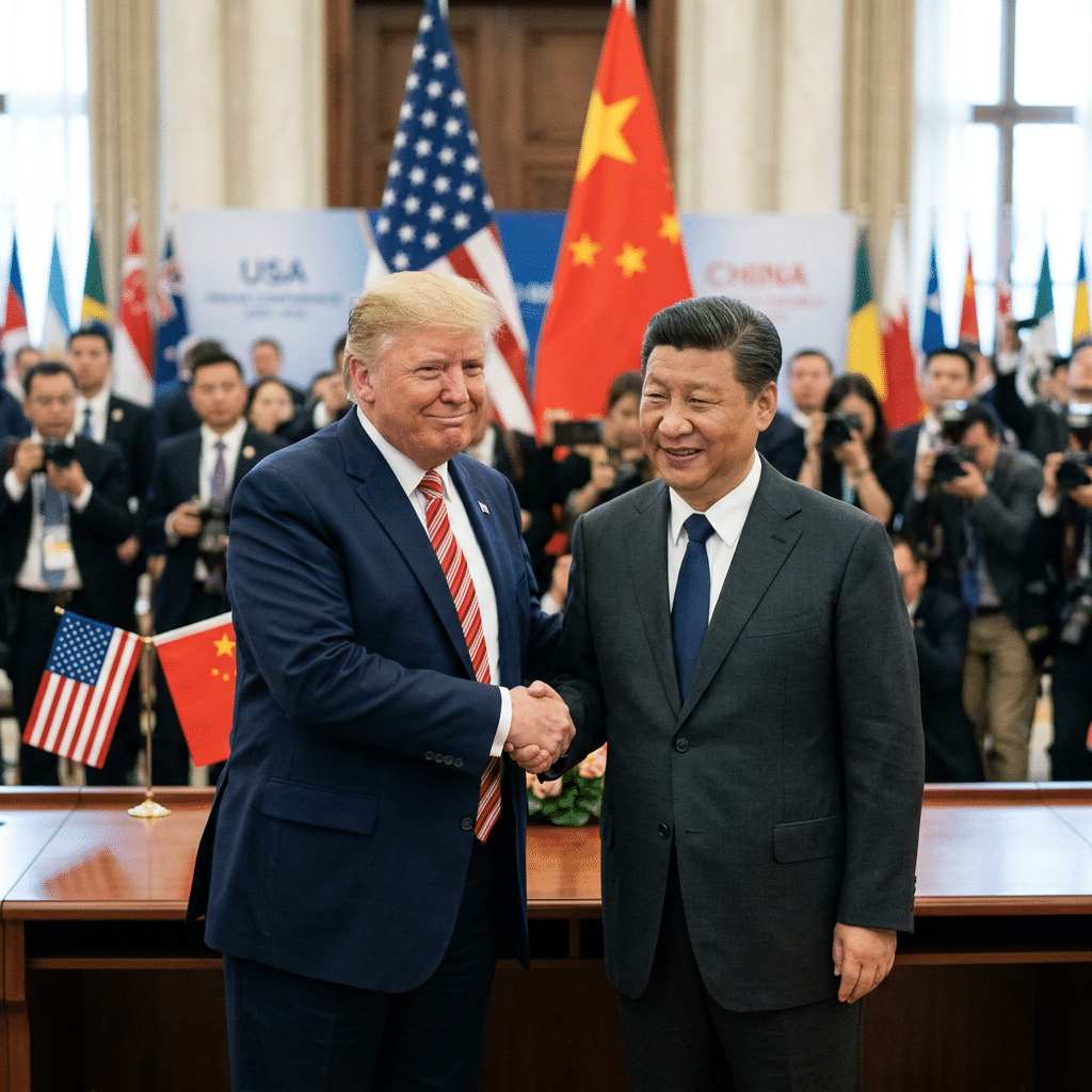 Donald Trump and Xi Jinping shaking hands before U.S. and Chinese flags